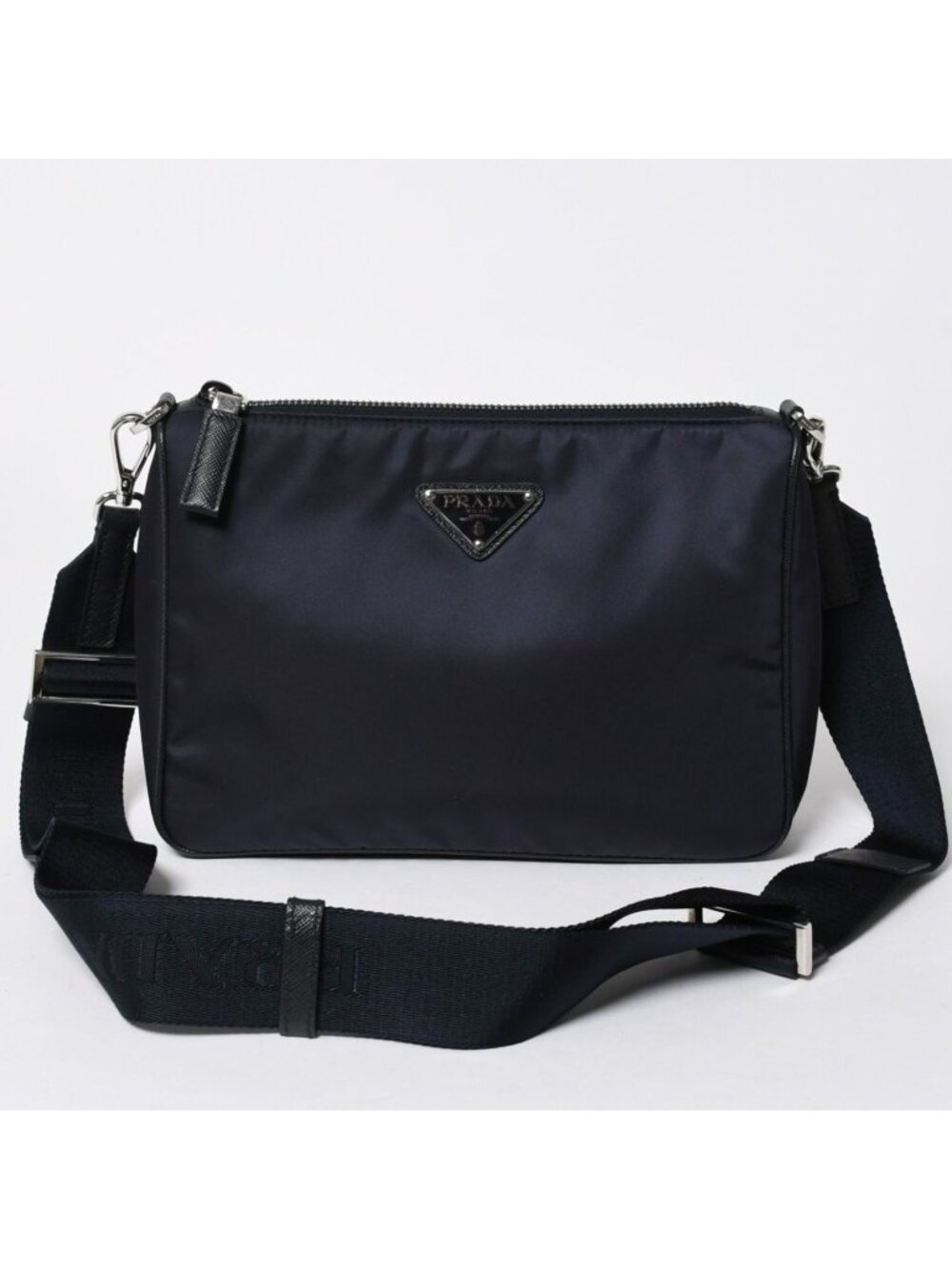 Prada Shoulder Bag Triangle Logo Nylon Leather Navy Silver